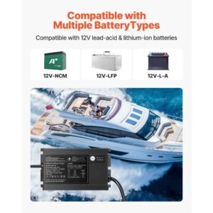 marine battery charger, 1 bank, 5a 12v onboard boat charger, ip68 waterproof smart on board battery charger, for lithium ion (lifepo4), ncm, lead acid batteries, large boat, yacht, rv, trailer