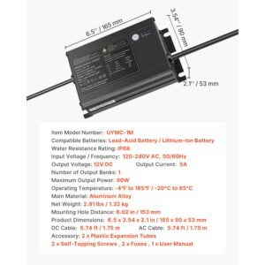 marine battery charger, 1 bank, 5a 12v onboard boat charger, ip68 waterproof smart on board battery charger, for lithium ion (lifepo4), ncm, lead acid batteries, large boat, yacht, rv, trailer