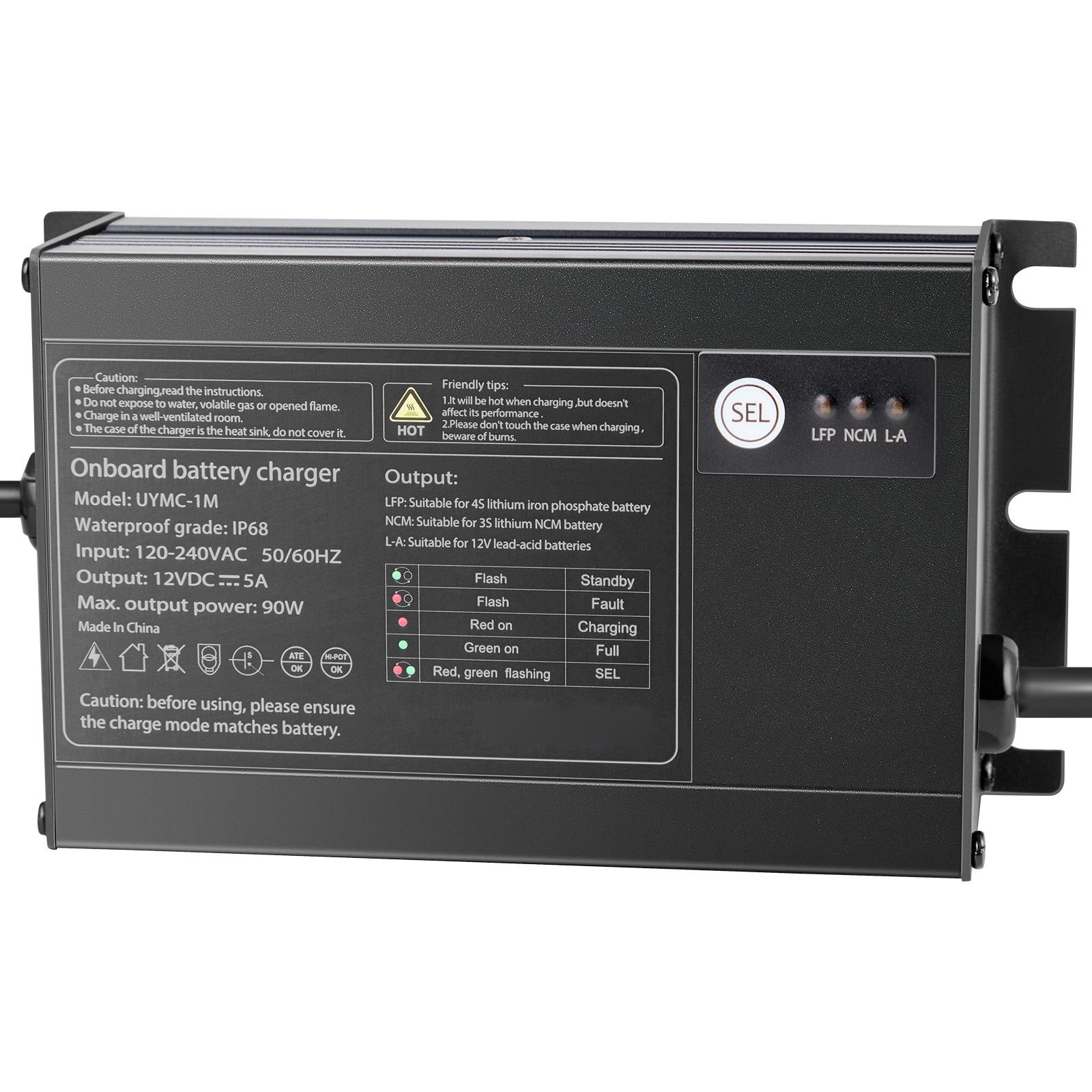 marine battery charger, 1 bank, 5a 12v onboard boat charger, ip68 waterproof smart on board battery charger, for lithium ion (lifepo4), ncm, lead acid batteries, large boat, yacht, rv, trailer