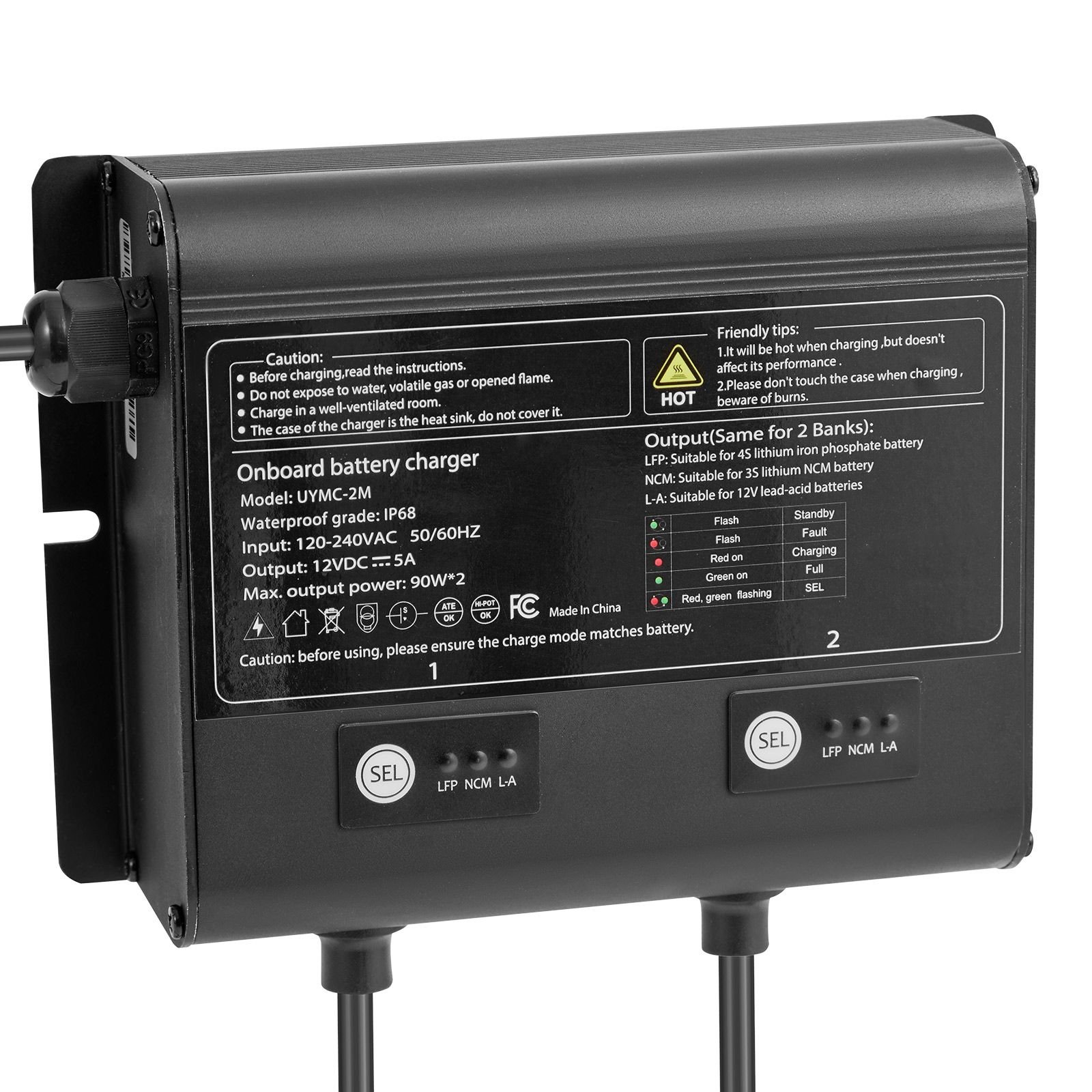 marine battery charger, 2 bank, 5a 12v onboard boat charger, ip68 waterproof smart on board battery charger, for lithium ion (lifepo4), ncm, lead acid batteries, large boat, yacht, rv, trailer