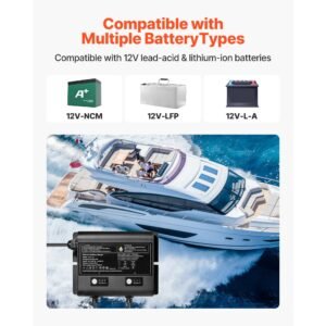 marine battery charger, 2 bank, 5a 12v onboard boat charger, ip68 waterproof smart on board battery charger, for lithium ion (lifepo4), ncm, lead acid batteries, large boat, yacht, rv, trailer