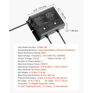marine battery charger, 2 bank, 5a 12v onboard boat charger, ip68 waterproof smart on board battery charger, for lithium ion (lifepo4), ncm, lead acid batteries, large boat, yacht, rv, trailer
