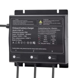 marine battery charger, 3 bank, 10a 12v onboard boat charger, ip68 waterproof smart on board battery charger, for lithium ion (lifepo4), ncm, lead acid batteries, large boat, yacht, rv, trailer
