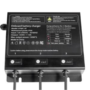 marine battery charger, 3 bank, 10a 12v onboard boat charger, ip68 waterproof smart on board battery charger, for lithium ion (lifepo4), ncm, lead acid batteries, large boat, yacht, rv, trailer