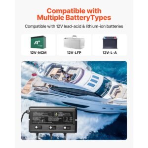 marine battery charger, 3 bank, 5a 12v onboard boat charger, ip68 waterproof smart on board battery charger, for lithium ion (lifepo4), ncm, lead acid batteries, large boat, yacht, rv, trailer
