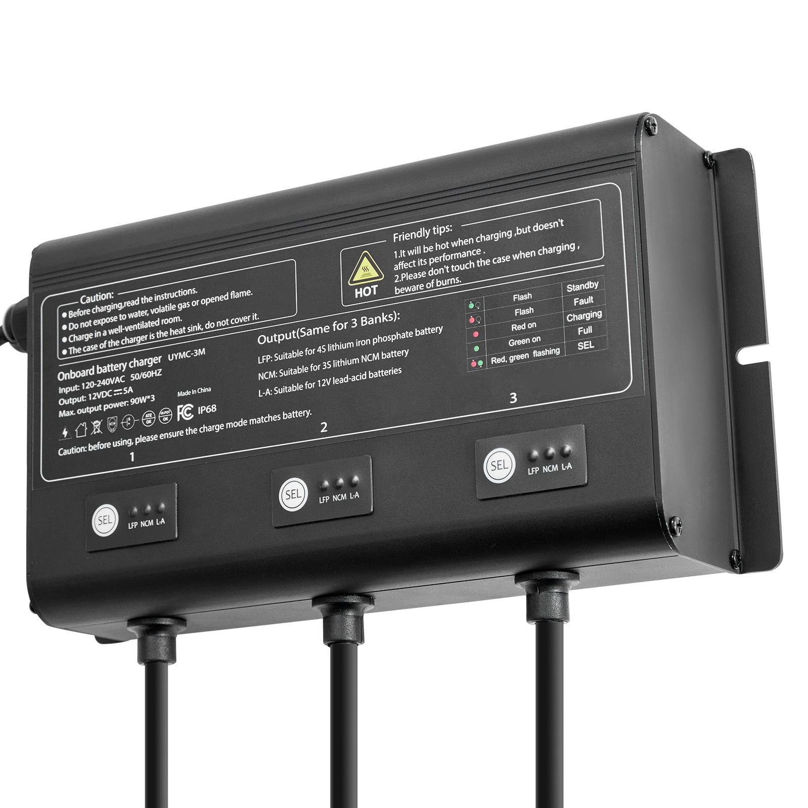 marine battery charger, 3 bank, 5a 12v onboard boat charger, ip68 waterproof smart on board battery charger, for lithium ion (lifepo4), ncm, lead acid batteries, large boat, yacht, rv, trailer