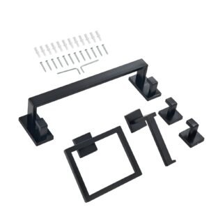 Matte Black Bathroom Hardware Set, 5 Pieces Bathroom Accessories Set, Stainless Steel 16 inch Towel Bar, Towel Rack, 2 Robe Towel Hooks, Toilet Paper Holder for Bath Room, Wall Mounted
