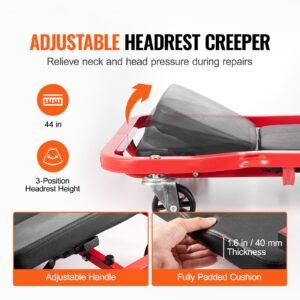 mechanic garage creeper, 44 inch, 300 lbs capacity automotive rolling creeper with 6 casters adjustable cushioned headrest tool tray, heavy duty steel frame for garages, repair shops, and diy