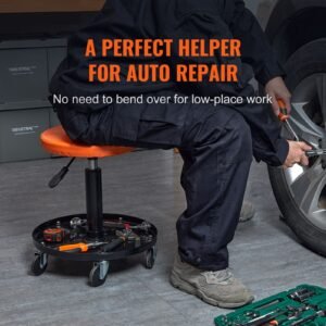 mechanic stool, 250 lbs rolling pneumatic creeper garage/shop seat, adjustable height 22 in 28 in padded rolling workshop stool with tool tray, for garage, shop, auto repair, black+orange