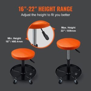 mechanic stool, 250 lbs rolling pneumatic creeper garage/shop seat, adjustable height 22 in 28 in padded rolling workshop stool with tool tray, for garage, shop, auto repair, black+orange