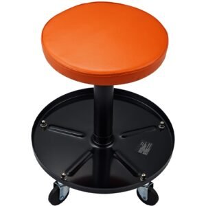 Mechanic Stool, 250 LBS Rolling Pneumatic Creeper Garage/Shop Seat, Adjustable Height 22 in-28 in Padded Rolling Workshop Stool with Tool Tray, for Garage, Shop, Auto Repair, Black+Orange