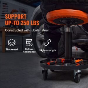 mechanic stool, 250 lbs rolling pneumatic creeper garage/shop seat, adjustable height 22 in 28 in padded rolling workshop stool with tool tray, for garage, shop, auto repair, black+orange