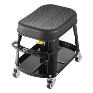 mechanic stool, 300 lbs capacity garage seat/work stool with wheels, 360° swivel rolling workshop stool with tool tray and screwdriver rack, heavy duty, for garage, shop & auto repair, black