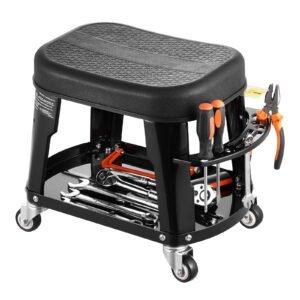 mechanic stool, 300 lbs capacity garage seat/work stool with wheels, 360° swivel rolling workshop stool with tool tray and screwdriver rack, heavy duty, for garage, shop & auto repair, black