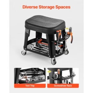 mechanic stool, 300 lbs capacity garage seat/work stool with wheels, 360° swivel rolling workshop stool with tool tray and screwdriver rack, heavy duty, for garage, shop & auto repair, black