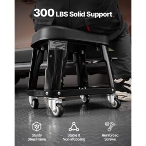 mechanic stool, 300 lbs capacity garage seat/work stool with wheels, 360° swivel rolling workshop stool with tool tray and screwdriver rack, heavy duty, for garage, shop & auto repair, black