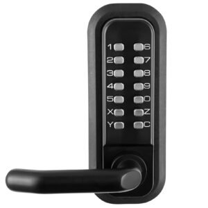 mechanical keyless entry door lock, 14 digit keypad, double sided embedded outdoor gate door locks set with handle and keypad, water proof zinc alloy, easy to install, for yard, garden, garage