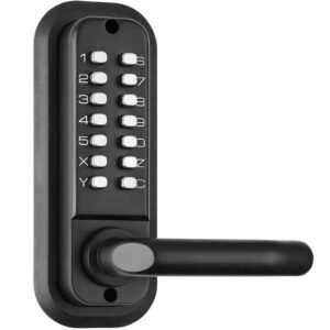 mechanical keyless entry door lock, 14 digit keypad, double sided embedded outdoor gate door locks set with handle and keypad, water proof zinc alloy, easy to install, for yard, garden, garage