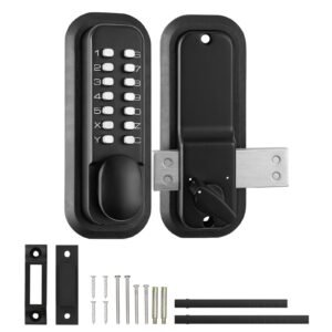 Mechanical Keyless Entry Door Lock, 14 Digit Keypad, Outdoor Gate Door Locks Set with Surface-mounted Latch, Water-proof Zinc Alloy, Keypad and Knob, Easy to Install, for Garden, Garage, Yard