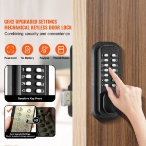 mechanical keyless entry door lock, 14 digit keypad, outdoor gate door locks set with surface mounted latch, water proof zinc alloy, keypad and knob, easy to install, for garden, garage, yard