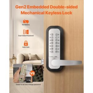 mechanical keyless entry door lock, 14 key mechanical door lock, mechanical keypad door lock with handle, double sided stainless steel waterproof keyless gate lock, for home office yard, sliver