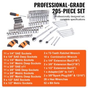 mechanics tool set and socket set, 1/4" 3/8" 1/2" drive deep and standard sockets, 205 pcs sae and metric mechanic tool kit with bits, combination wrench, hex wrenches, accessories, storage case
