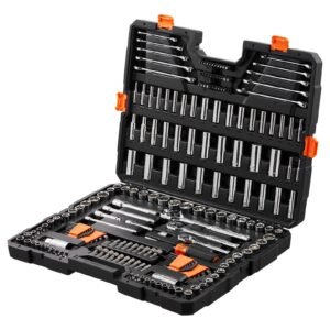 Mechanics Tool Set and Socket Set, 1/4" 3/8" 1/2" Drive Deep and Standard Sockets, 205 Pcs SAE and Metric Mechanic Tool Kit with Bits, Combination Wrench, Hex Wrenches, Accessories, Storage Case