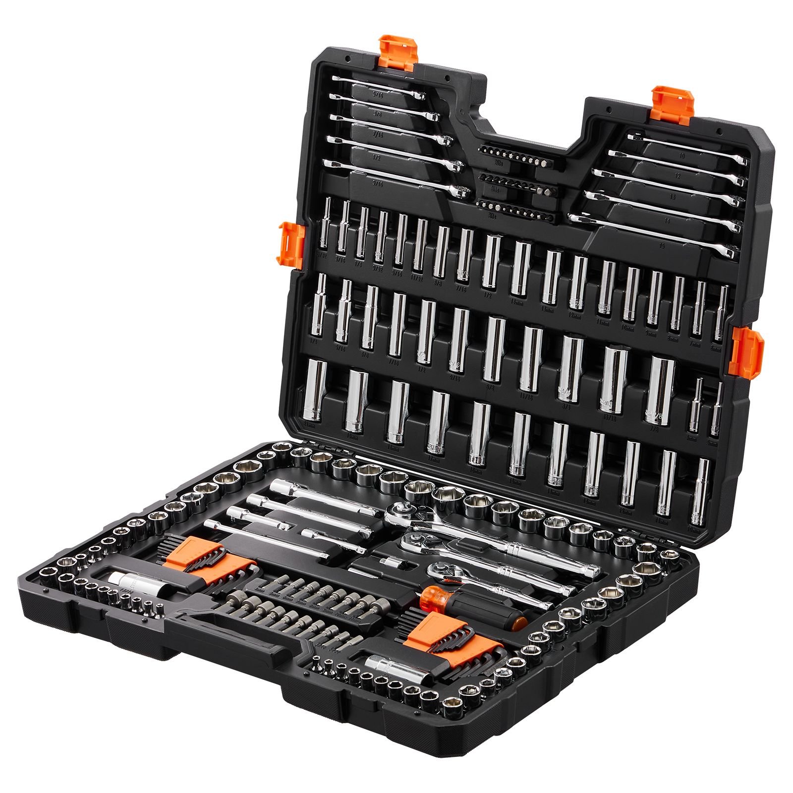 mechanics tool set and socket set, 1/4" 3/8" 1/2" drive deep and standard sockets, 205 pcs sae and metric mechanic tool kit with bits, combination wrench, hex wrenches, accessories, storage case