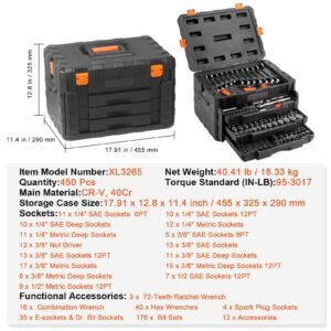 mechanics tool set and socket set, 1/4" 3/8" 1/2" drive deep and standard sockets, 450 pcs sae and metric mechanic tool kit with bits, hex wrenches, combination wrench, accessories, storage case