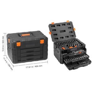 mechanics tool set and socket set, 1/4" 3/8" 1/2" drive deep and standard sockets, 450 pcs sae and metric mechanic tool kit with bits, hex wrenches, combination wrench, accessories, storage case