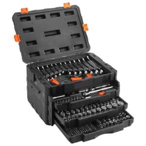 mechanics tool set and socket set, 1/4" 3/8" 1/2" drive deep and standard sockets, 450 pcs sae and metric mechanic tool kit with bits, hex wrenches, combination wrench, accessories, storage case