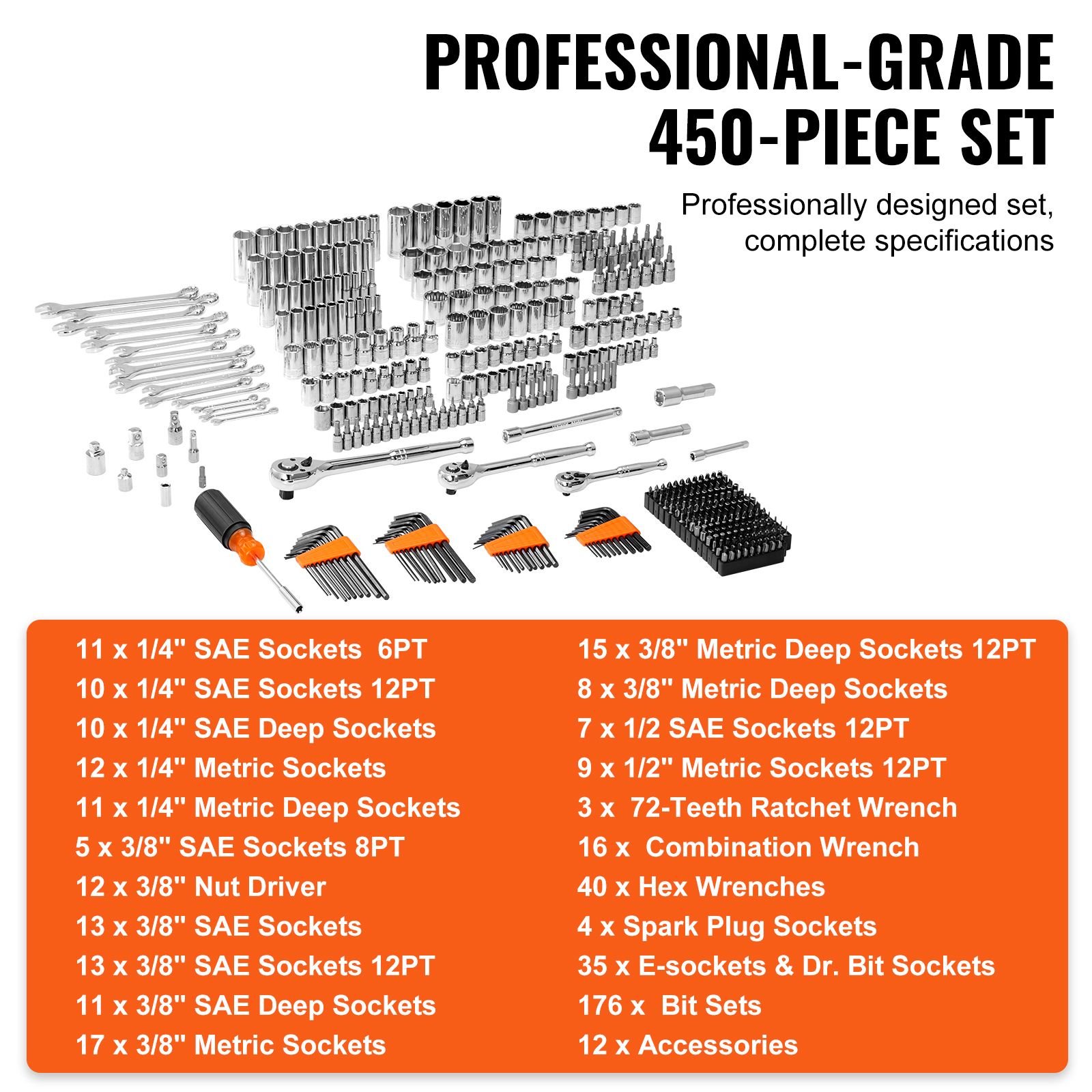 mechanics tool set and socket set, 1/4" 3/8" 1/2" drive deep and standard sockets, 450 pcs sae and metric mechanic tool kit with bits, hex wrenches, combination wrench, accessories, storage case