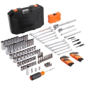 mechanics tool set and socket set, 1/4" and 3/8" drive deep and standard sockets, 145 pcs sae and metric mechanic tool kit with bits, combination wrench, hex wrenches, accessories, storage case