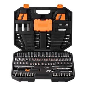 mechanics tool set and socket set, 1/4" and 3/8" drive deep and standard sockets, 145 pcs sae and metric mechanic tool kit with bits, combination wrench, hex wrenches, accessories, storage case