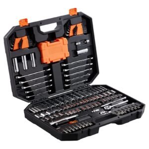 mechanics tool set and socket set, 1/4" and 3/8" drive deep and standard sockets, 145 pcs sae and metric mechanic tool kit with bits, combination wrench, hex wrenches, accessories, storage case