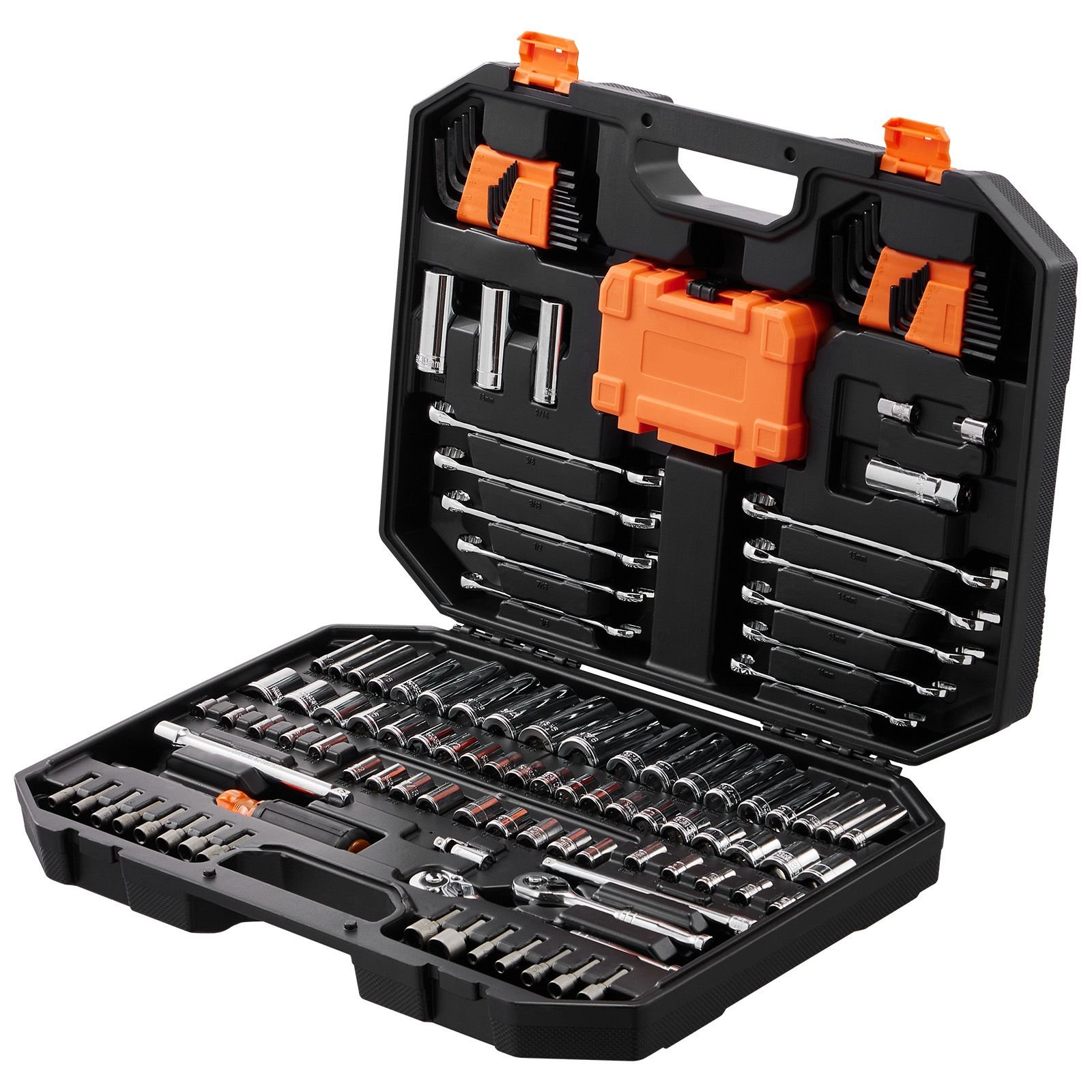 mechanics tool set and socket set, 1/4" and 3/8" drive deep and standard sockets, 145 pcs sae and metric mechanic tool kit with bits, combination wrench, hex wrenches, accessories, storage case