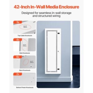 media enclosure, 42 inch, structured media center with vented hinged door, cable management box, structured wiring multi media cabinet, recessed electrical media box, for network distribution