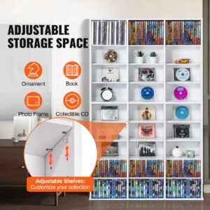 media storage cabinet, 9 layer dvd shelf holds up to 756 cds, adjustable cd shelves 27 compartments, protects & organizes music, movie, video games or memorabilia collections,white