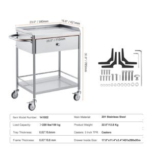 medical cart, 2 layer stainless steel cart 220 lbs weight capacity, lab utility cart with 360° silent wheels and a drawer for lab, clinic, kitchen, salon