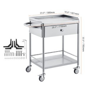 medical cart, 2 layer stainless steel cart 220 lbs weight capacity, lab utility cart with 360° silent wheels and a drawer for lab, clinic, kitchen, salon