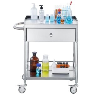 medical cart, 2 layer stainless steel cart 220 lbs weight capacity, lab utility cart with 360° silent wheels and a drawer for lab, clinic, kitchen, salon