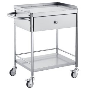 medical cart, 2 layer stainless steel cart 220 lbs weight capacity, lab utility cart with 360° silent wheels and a drawer for lab, clinic, kitchen, salon