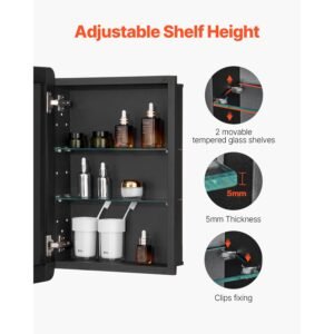 medicine cabinet, 16 x 24 inch, medicine cabinet for bathroom with mirror, aluminum frame bathroom wall cabinet, 2 layer adjustable shelves, recessed & wall mounted installation