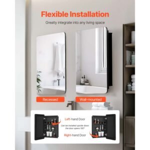 medicine cabinet, 16 x 24 inch, medicine cabinet for bathroom with mirror, aluminum frame bathroom wall cabinet, 2 layer adjustable shelves, recessed & wall mounted installation