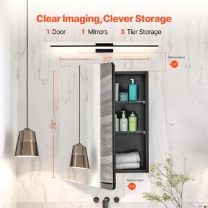 medicine cabinet, 24 x 30 inch, medicine cabinet for bathroom with mirror, aluminum frame bathroom wall cabinet, 2 layer adjustable shelves, recessed & wall mounted installation