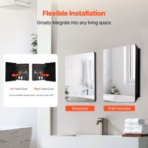 medicine cabinet, 24 x 30 inch, medicine cabinet for bathroom with mirror, aluminum frame bathroom wall cabinet, 2 layer adjustable shelves, recessed & wall mounted installation