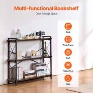 metal bookshelf, 3 tier industrial bookshelf, small rustic storage display bookcase with open shelves, freestanding display vintage shelving unit storage rack, for living room, bedroom & office