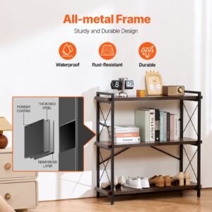 metal bookshelf, 3 tier industrial bookshelf, small rustic storage display bookcase with open shelves, freestanding display vintage shelving unit storage rack, for living room, bedroom & office