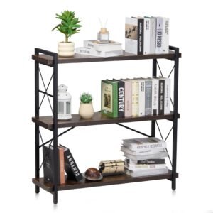 Metal Bookshelf, 3-Tier Industrial Bookshelf, Small Rustic Storage Display Bookcase with Open Shelves, Freestanding Display Vintage Shelving Unit Storage Rack, for Living room, Bedroom & Office
