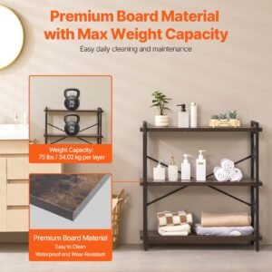 metal bookshelf, 3 tier industrial bookshelf, small rustic storage display bookcase with open shelves, freestanding display vintage shelving unit storage rack, for living room, bedroom & office